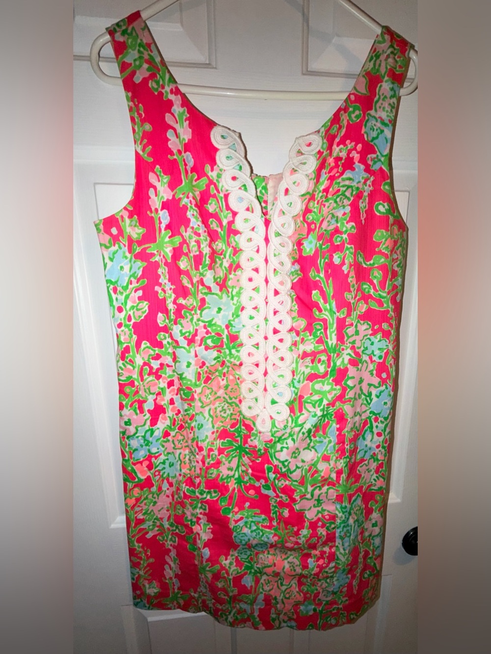Lilly Pulitzer Pink Green Floral Shift Dress with White Trim
